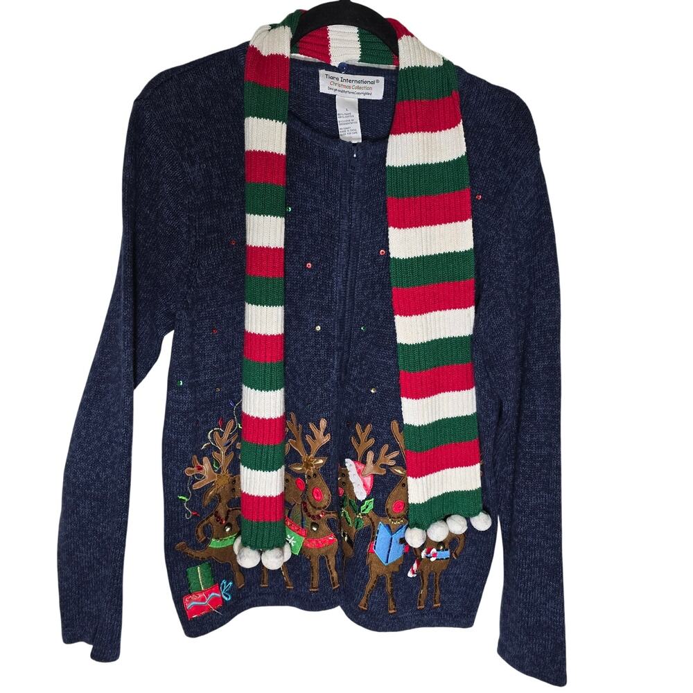 Vintage Tiara International Christmas Collection Cardigan Sweater Reindeer Large